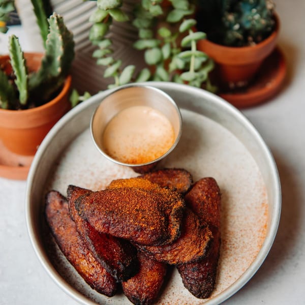 Crispy plantain slices dusted with chili powder and a side of creamy sauce, next to potted plants.