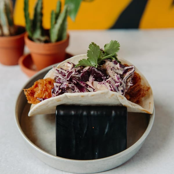 Hombre y Lobo's fish taco with red cabbage slaw and cilantro, served in a metal bowl.