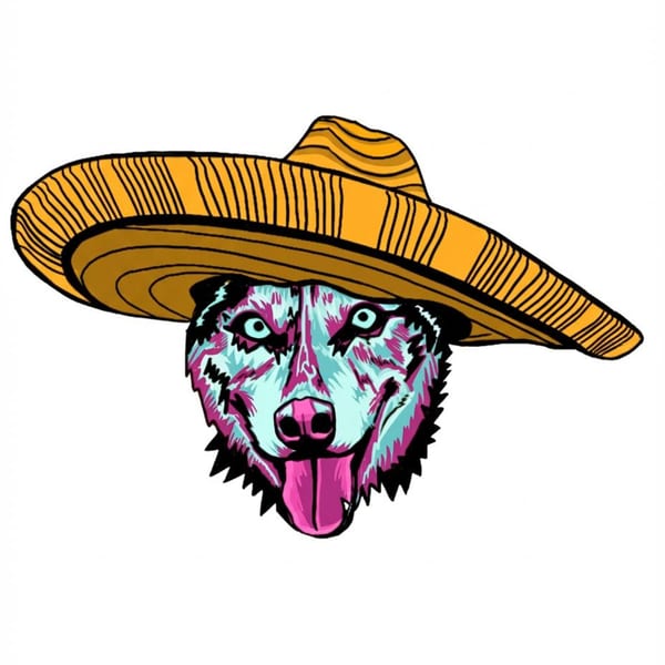 Stylized wolf head in vibrant pink and blue, wearing a large yellow sombrero, tongue out.