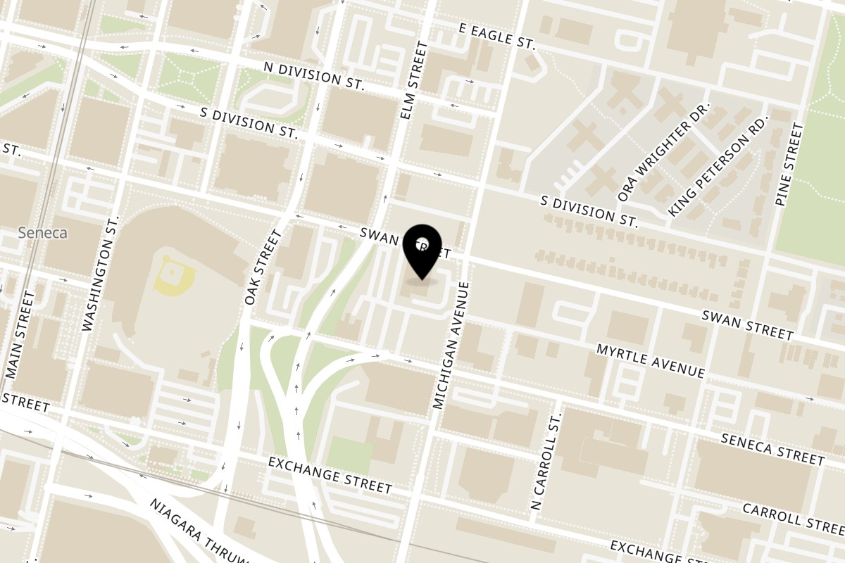 Map showing the location of Hombre y Lobo | Tacos + Tequila on 149 Swan St Suite 1 in Buffalo
